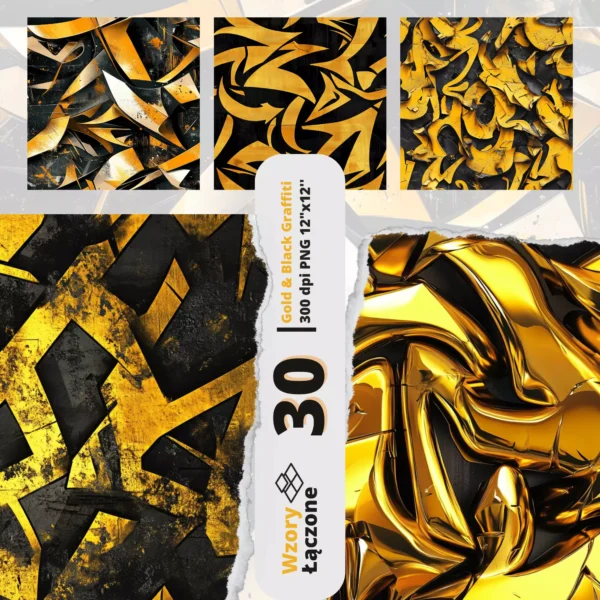 Gold&Black – Wzory Łączone, pliki cyfrowe PNG 12x12 cale, 300 dpi