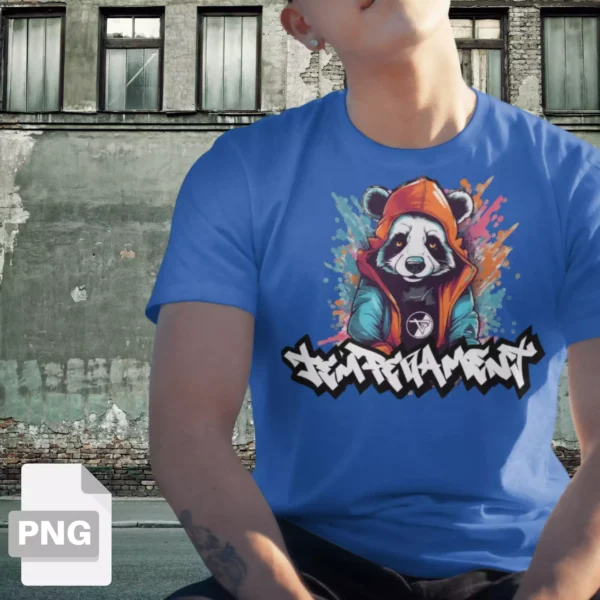 Grafika PNG przedstawiająca pandę w stylu streetwear, idealna do nadruków DTF i DTG na koszulki, bluzy i czapki. Wysoka rozdzielczość 300 DPI, transparentne tło.