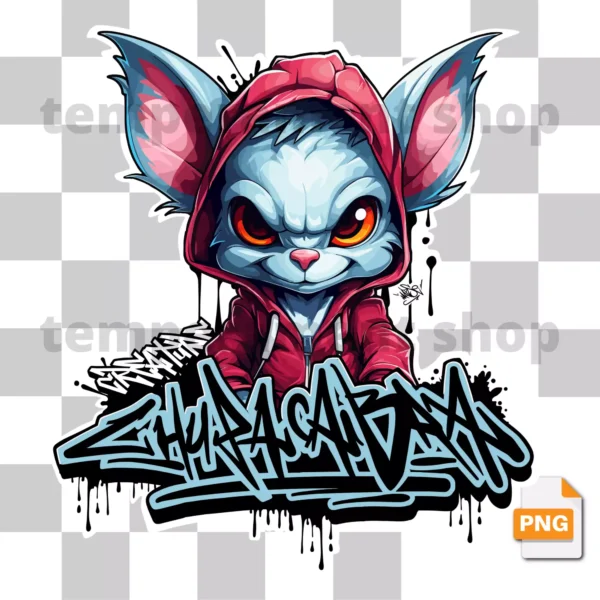 Grafika PNG przedstawiająca Chupacabrę w dynamicznym, streetwearowym stylu graffiti. Idealna do nadruków DTF i DTG na koszulki, bluzy, torby i inne produkty. Transparentne tło, wysoka rozdzielczość 300 DPI.