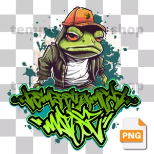 Grafika PNG przedstawiająca żabę w dynamicznym, miejskim stylu graffiti. Idealna do nadruków DTF i DTG na koszulki, bluzy, torby i inne produkty. Transparentne tło, wysoka rozdzielczość 300 DPI