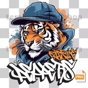 Grafika PNG przedstawiająca tygrysa w dynamicznym, miejskim stylu graffiti. Idealna do nadruków DTF i DTG na koszulki, bluzy, torby i inne produkty. Transparentne tło, wysoka rozdzielczość 300 DPI.