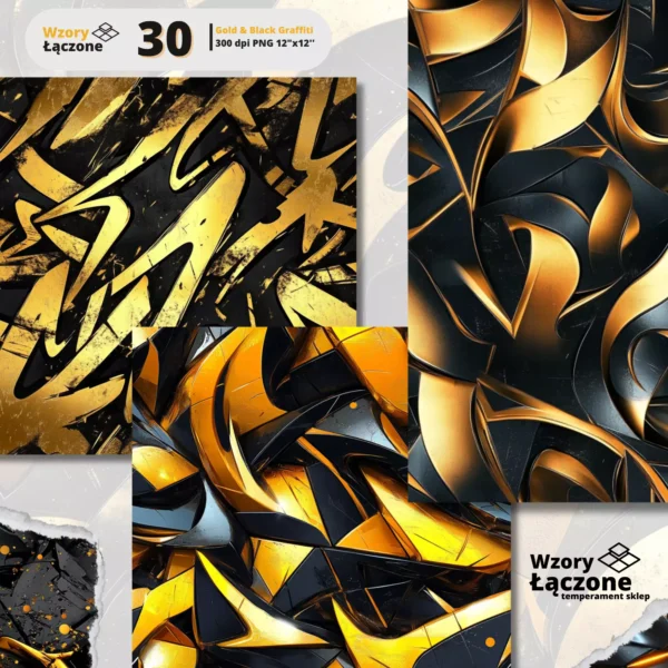 Gold&Black – Wzory Łączone, pliki cyfrowe PNG 12x12 cale, 300 dpi