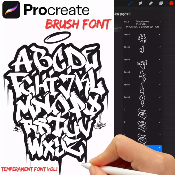 Zestaw 51 pędzli do Procreate inspirowanych graffiti. Każda litera, cyfra i symbol to osobny brush, idealny do projektowania napisów w stylu street art.