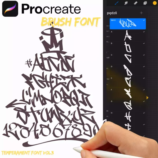 Zestaw 43 pędzli do Procreate inspirowanych graffiti. Każda litera, cyfra i znak to osobny brush, idealny do tworzenia dynamicznych projektów w stylu street art.