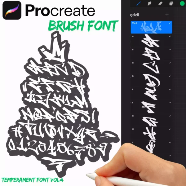 Zestaw 43 pędzli do Procreate inspirowanych graffiti. Każda litera, cyfra i znak to osobny brush, idealny do tworzenia dynamicznych projektów w stylu street art.