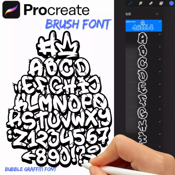 Zestaw 45 pędzli do Procreate inspirowanych bubble graffiti. Każda litera, cyfra i znak to osobny brush, idealny do dynamicznych projektów w stylu street art.