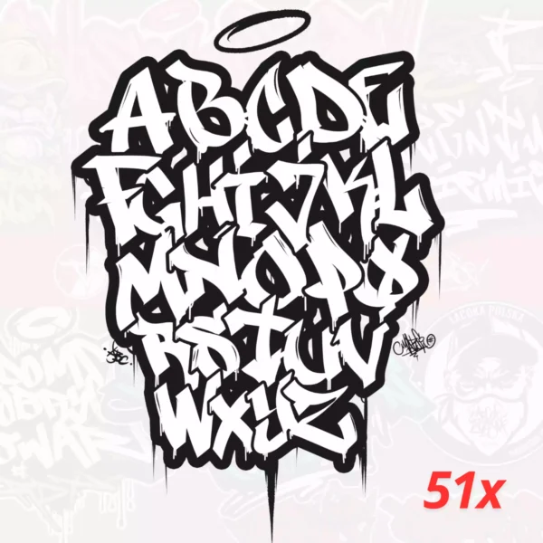 Zestaw 51 pędzli do Procreate inspirowanych graffiti. Każda litera, cyfra i symbol to osobny brush, idealny do projektowania napisów w stylu street art.