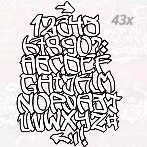 Zestaw 43 pędzli do Procreate inspirowanych graffiti w stylu fat outline. Każda litera, cyfra i znak to osobny brush, idealny do dynamicznych projektów street art.