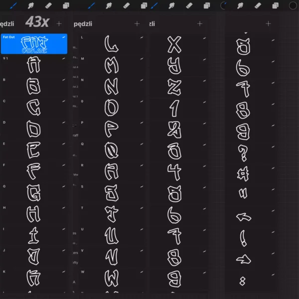 Zestaw 43 pędzli do Procreate inspirowanych graffiti w stylu fat outline. Każda litera, cyfra i znak to osobny brush, idealny do dynamicznych projektów street art.